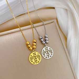 Titanium steel necklace with round Double Happiness pendant in gold and silver finish