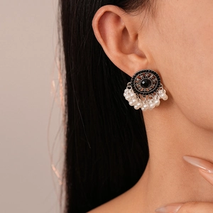 Vintage style round black metal earrings with central gem and pearl tassel fringe