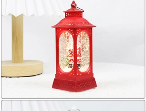 Close-up of red Christmas lantern with micro Santa Claus scene and warm LED lighting