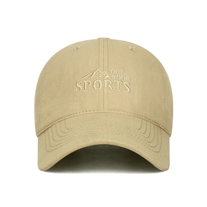 Khaki cotton baseball cap featuring mountain embroidery and outdoor sports theme