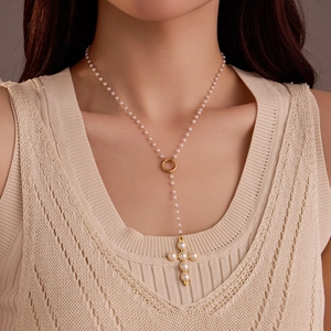 Vintage Cross Pendant Necklace Stainless Steel With White Artificial Pearls Elegant Y-Shaped Gold Plated For Women