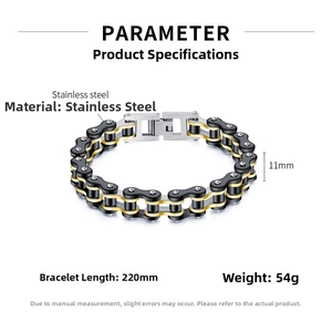 Detailed spec view of 11mm wide stainless steel motorcycle chain bracelet for men