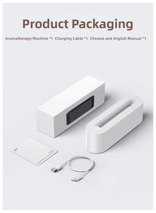 Minimalist white 3D flame diffuser set with USB cable, manual and packaging box