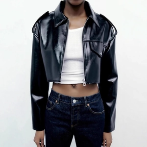 Women Cropped Faux Leather Jacket Black PU Biker Moto Coat Zipper Up Lapel Long Sleeve Streetwear Outwear
