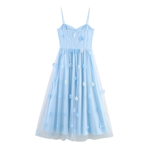 Light blue floral tulle midi dress with 3D flower details and a slim fit waistline