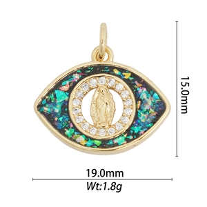 Close-up of 18k gold plated evil eye pendant with Virgin Mary relief and colorful inlay