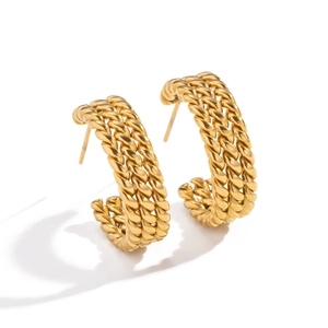 Classic gold twisted rope triple hoop earrings in stainless steel on white background