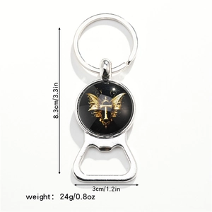 Detail view of silver bottle opener keychain with letter T badge and size dimensions