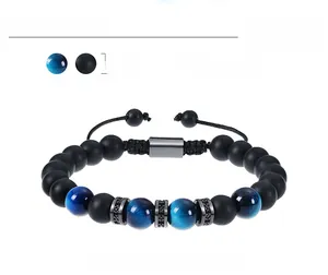Détails de perles œil de tigre bleu 8mm et perles mates avec cordon ajustable