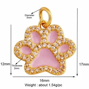 Pink paw print pendant detailed with gold plating, sparkling zircons, and 16mm dimensions