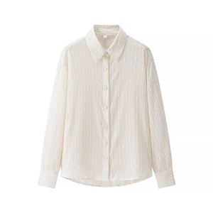 Women Long Sleeve Blouse Jacquard Textured Vertical Stripe Dotted Loose Casual Semi Open Collar Shirt