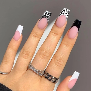 Faux Ongles Longs Coffin French Contraste Noir Blanc Motif Vague Brillants Ongles Artificiels Pour Femmes