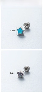 Detailed view of star-shaped stud earrings with blue and purple opal inlays and screw backs
