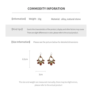 Detailed size chart for vintage metal water drop tassel earrings with red natural stones