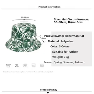 Size guide for the green palm leaf bucket hat showing measurements and polyester material