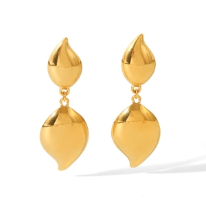 Detailed view of glossy 18K gold-plated teardrop earrings with a two-segment sleek design