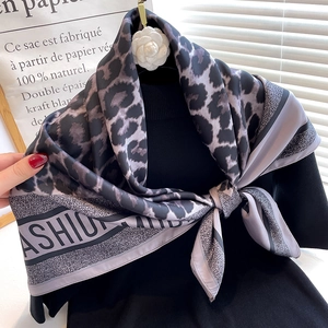 Chic leopard print satin square scarf with FASHION lettering and silky finish