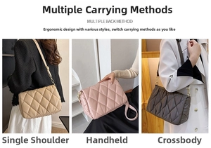 Detailed views of the quilted crossbody bag in beige, pink, and grey showing multiple carry styles