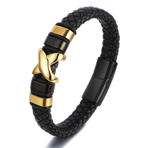 Men Retro Braided Leather Bracelet With Stainless Steel X Letter Charm And Magnetic Clasp Fashion Jewelry Accessory