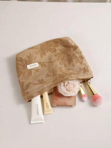 Floral embroidered cotton linen makeup bag with large capacity in beige fabric