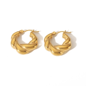Polished 18K gold plated stainless steel twisted rope hoop earrings with a C-shape design