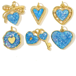 Blue Opal Heart Butterfly Charms Copper Gold Plated Pendants With Zircon For DIY Jewelry Making Romantic Dainty Accessories