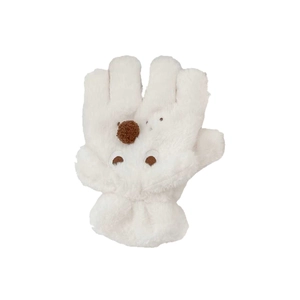 White plush cartoon puppy gloves for kids with warm faux fur and elastic wrist cuffs