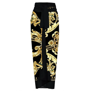 Jupe longue taille haute pour femme à imprimé baroque noir et doré avec lien noué