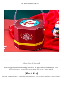 Red hexagonal Christmas gift box with snowman print and clear plastic handle detail