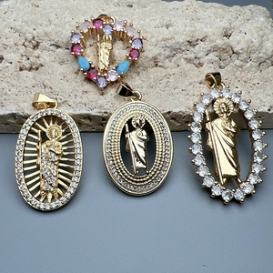 Religious Saint St Jude Pendant Heart Shape Copper Charm With Colorful Zircon Micro Pave For Necklace DIY Jewelry Making