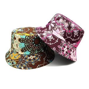 Double-sided bucket hat for women featuring geometric mandala prints in two vibrant colors