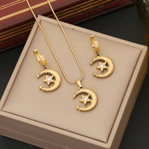 Stainless Steel Moon Star Necklace And Earrings With Rhinestone Gold Tone Celestial Jewelry For Women