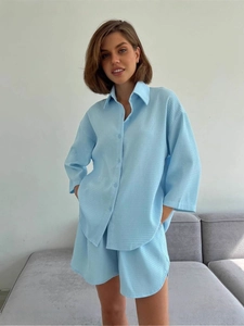 Women's Waffle Knit Loungewear Set Long Sleeve Button Down Shirt And High Waist Shorts Top And Bottom Casual Home Suit