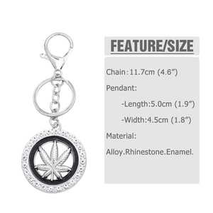 Detailed size specifications for silver maple leaf keychain with sparkling rhinestones