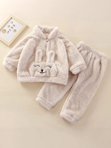 Kids warm flannel beige bunny pajamas set with hooded zipper top and matching pants