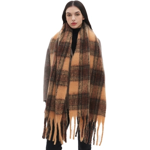 Women's thick autumn winter scarf with orange plaid pattern and decorative fringe