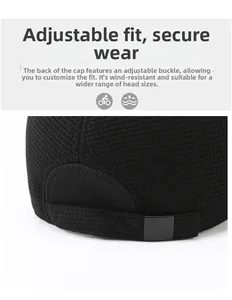 Macro detail of the adjustable buckle on the back of a black textured winter baseball cap