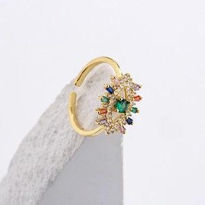 18K gold plated adjustable open ring with colorful zircon stones in sunburst design