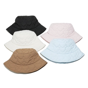 Women's heart quilted bucket hat in black, white, camel, pink and blue colors