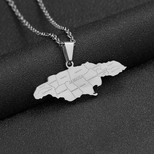 Jamaica map pendant necklace in stainless steel with engraved parish names on black texture