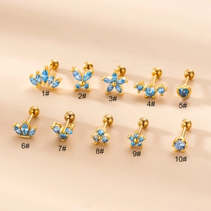 Pendientes De Cartílago Joyería Para Piercing Corporal Barra De Acero Inoxidable Cobre Circón Flor Corona Piedras Azules