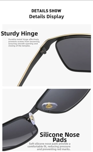 Detail showing robust metal hinges and soft silicone nose pads of polarized sunglasses