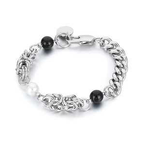 Unisex titanium steel pearl chain bracelet featuring mixed link styles and silver finish