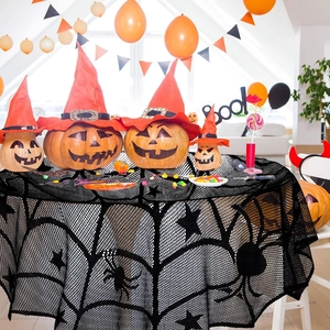 Halloween black lace spider web tablecloth for round table with festive decorations
