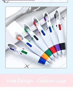 Close-up of multicolor ballpoint pens with carabiner clips and multiple ink selectors
