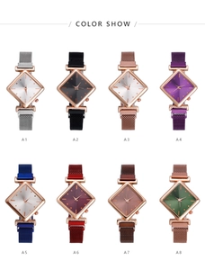 Multiple color options for diamond-shaped dial watches with rose gold mesh bands