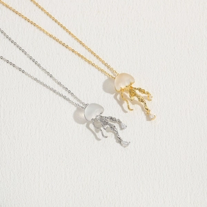 Elegant 14K gold plated jellyfish pendant necklace with crystal zircons and matte stone