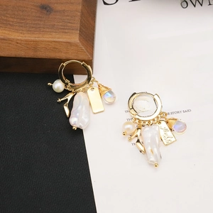 French vintage earrings with baroque pearls opal water drops and Thanks metal plates