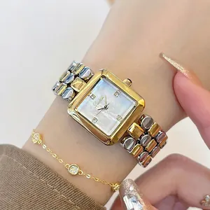 Elegant women square watch with mother of pearl dial and gold silver metal strap
