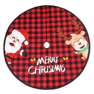 Red and black plaid Christmas tree skirt with Santa Claus, reindeer, and Merry Christmas text